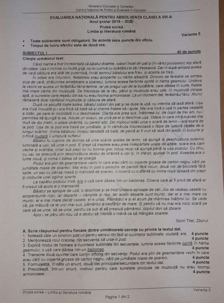 Rezolvarea subiectelor de la proba scrisă de limba română