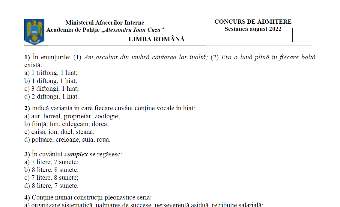 Itemul 16 de la admiterea la Poliție 2022 diateza pasivă predicat nominal